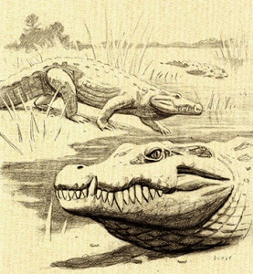 Reconstrucción del aspecto en vida de Lohuecosuchus megadontos (Ilustración de Javier Godoy)